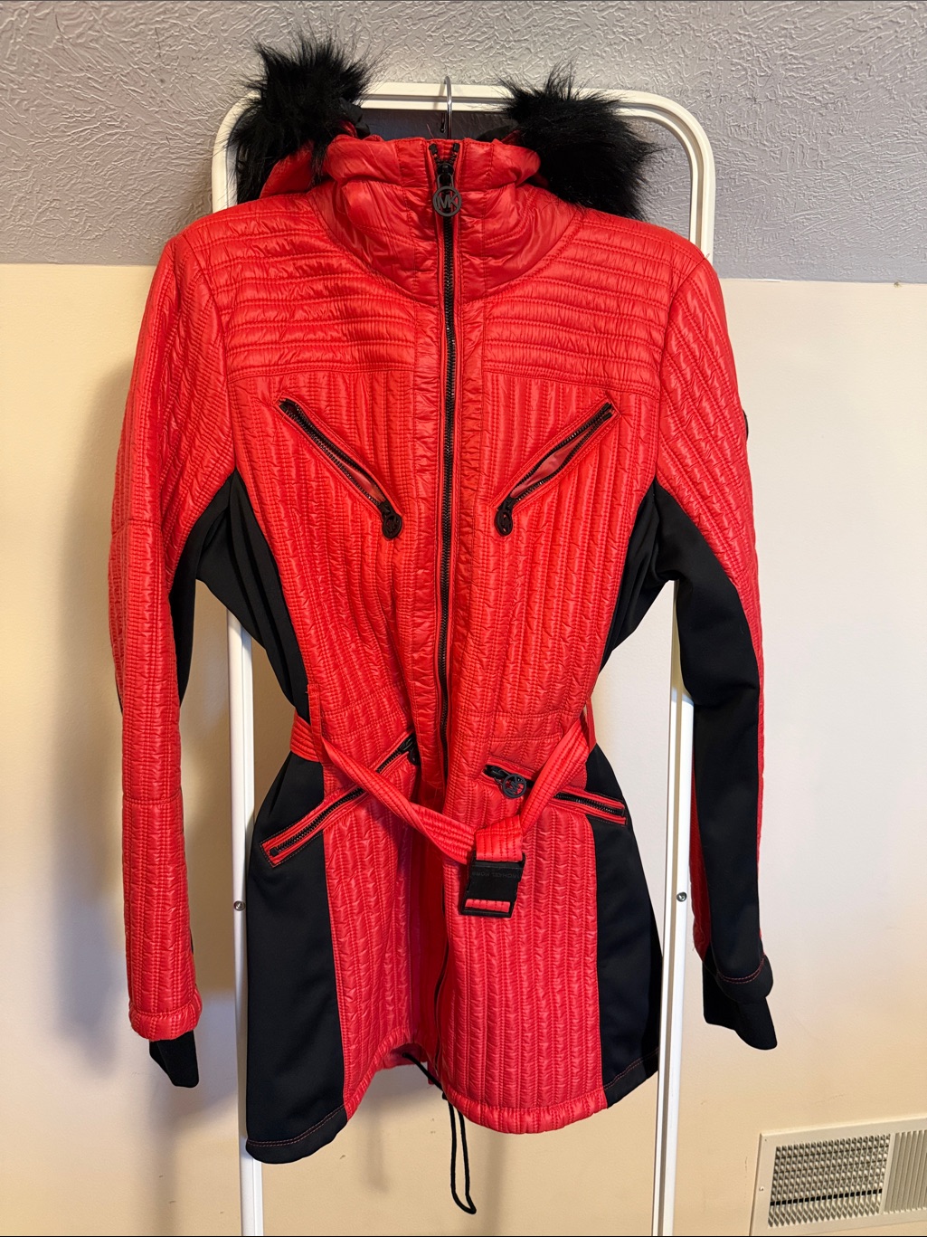 Michael Michael Kors Red Quilted Coat With Faux Fur Trim Hood - Size M